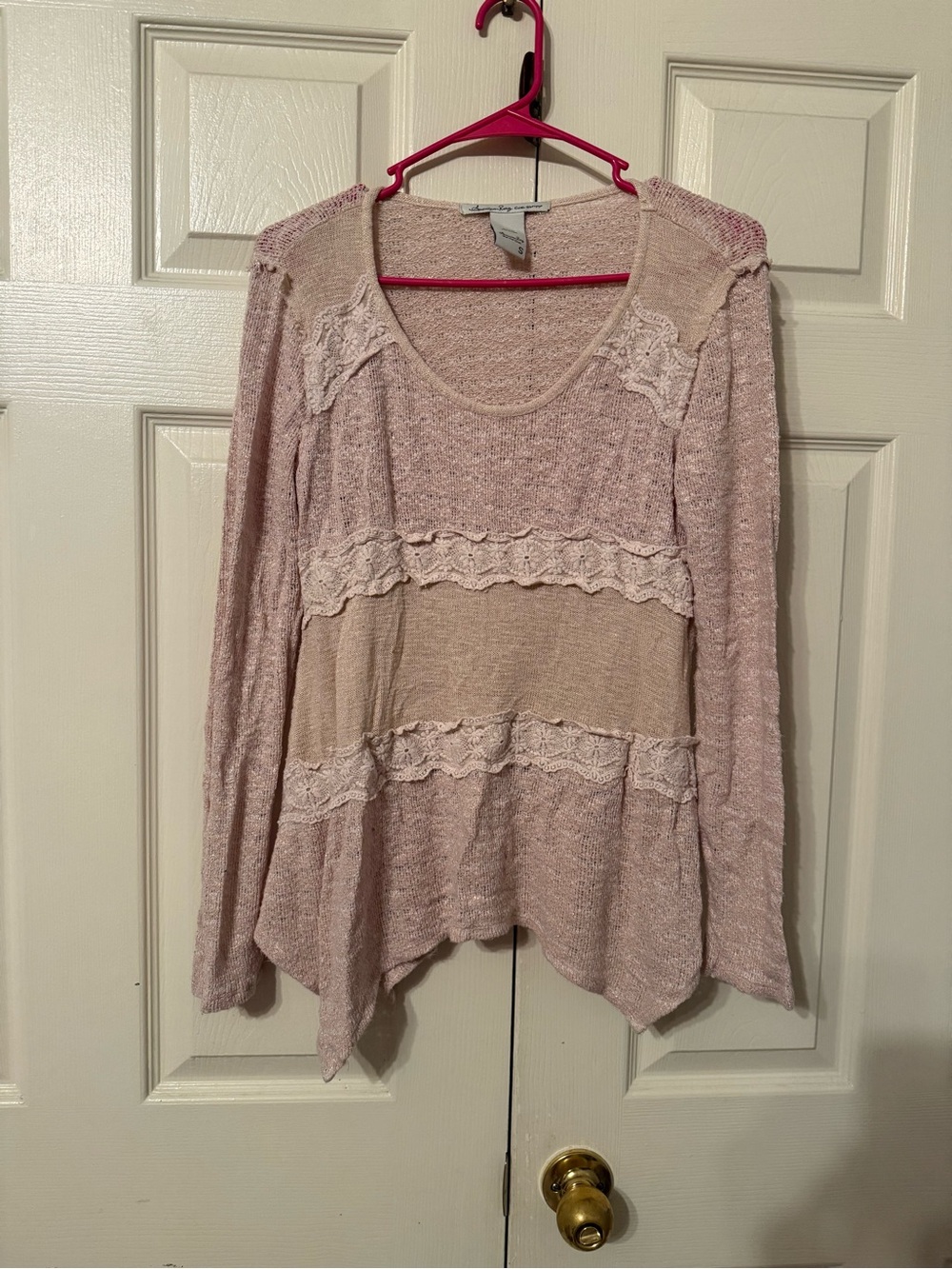 American Rag Pale Pink Lace-Accent Long Sleeve Top